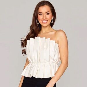 Cream Faux Leather Pleated Strapless Top